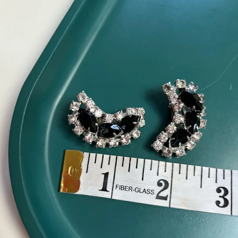 Large Pristine MCM Onyx Crystal Rhinestone Ear Climber Clip On Earrings